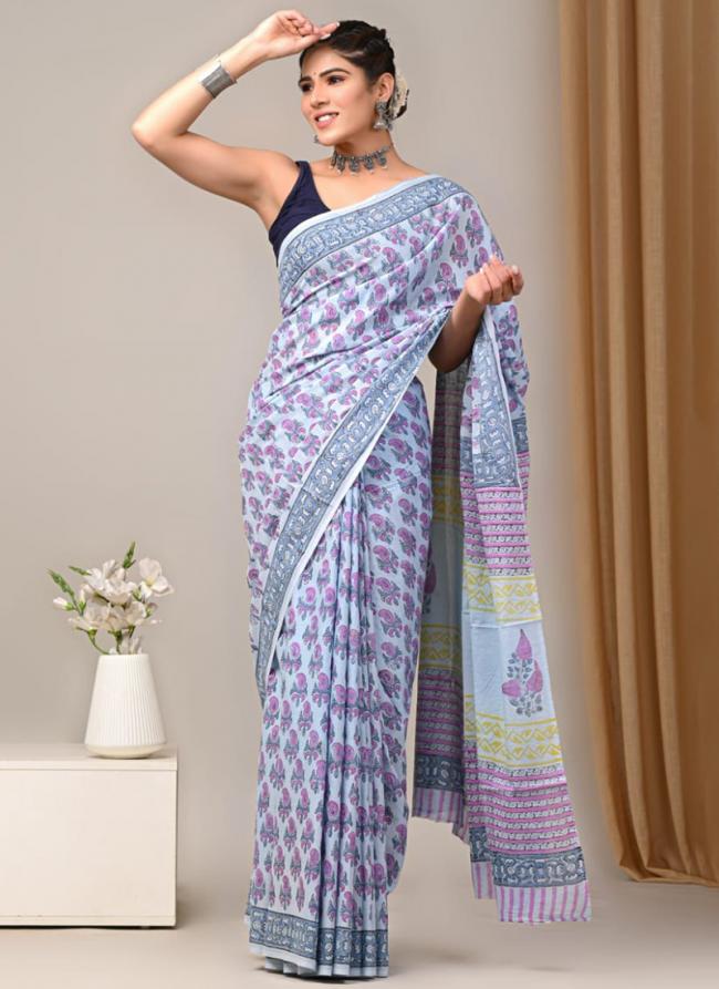 Cotton Blue Casual Wear Printed Saree